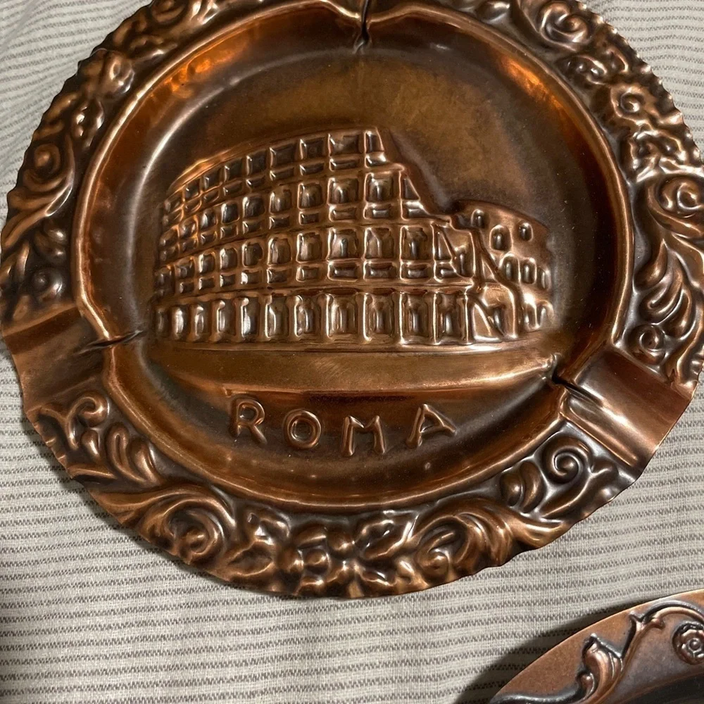 3 Souvenir Roma Vintage Embossed Copper Ashtrays